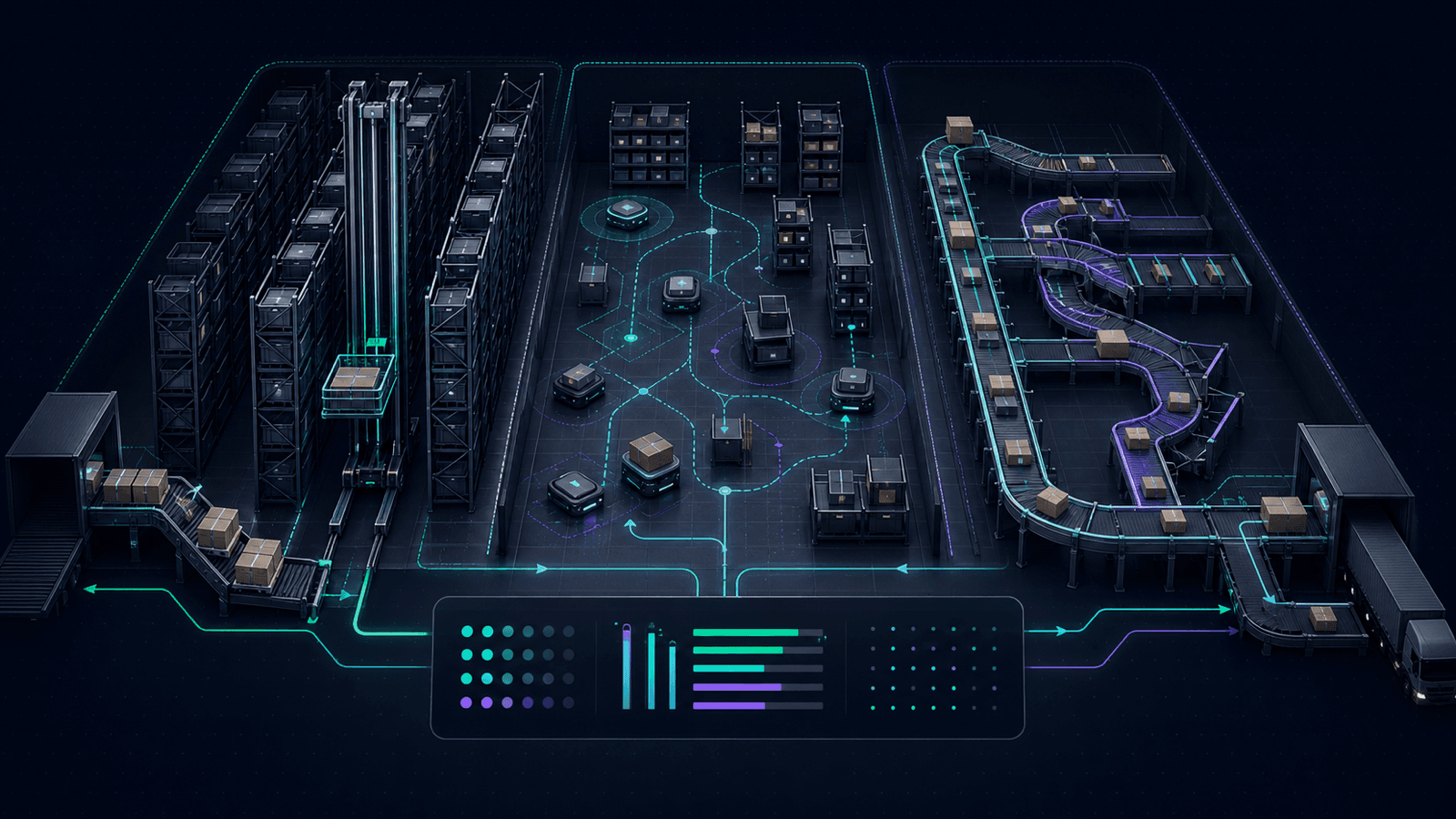 A warehouse operations team comparing high-density AS/RS storage, autonomous mobile robots, and conveyor sortation lanes