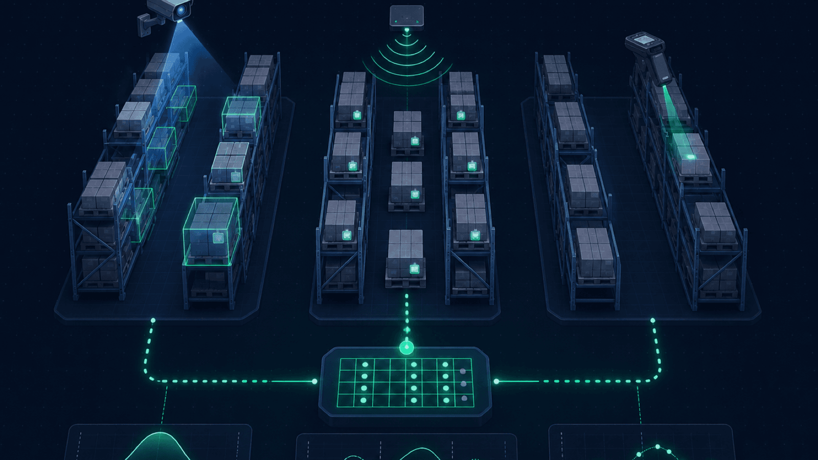 Three warehouse counting lanes comparing a vision camera, an RFID reader, and a handheld barcode scanner