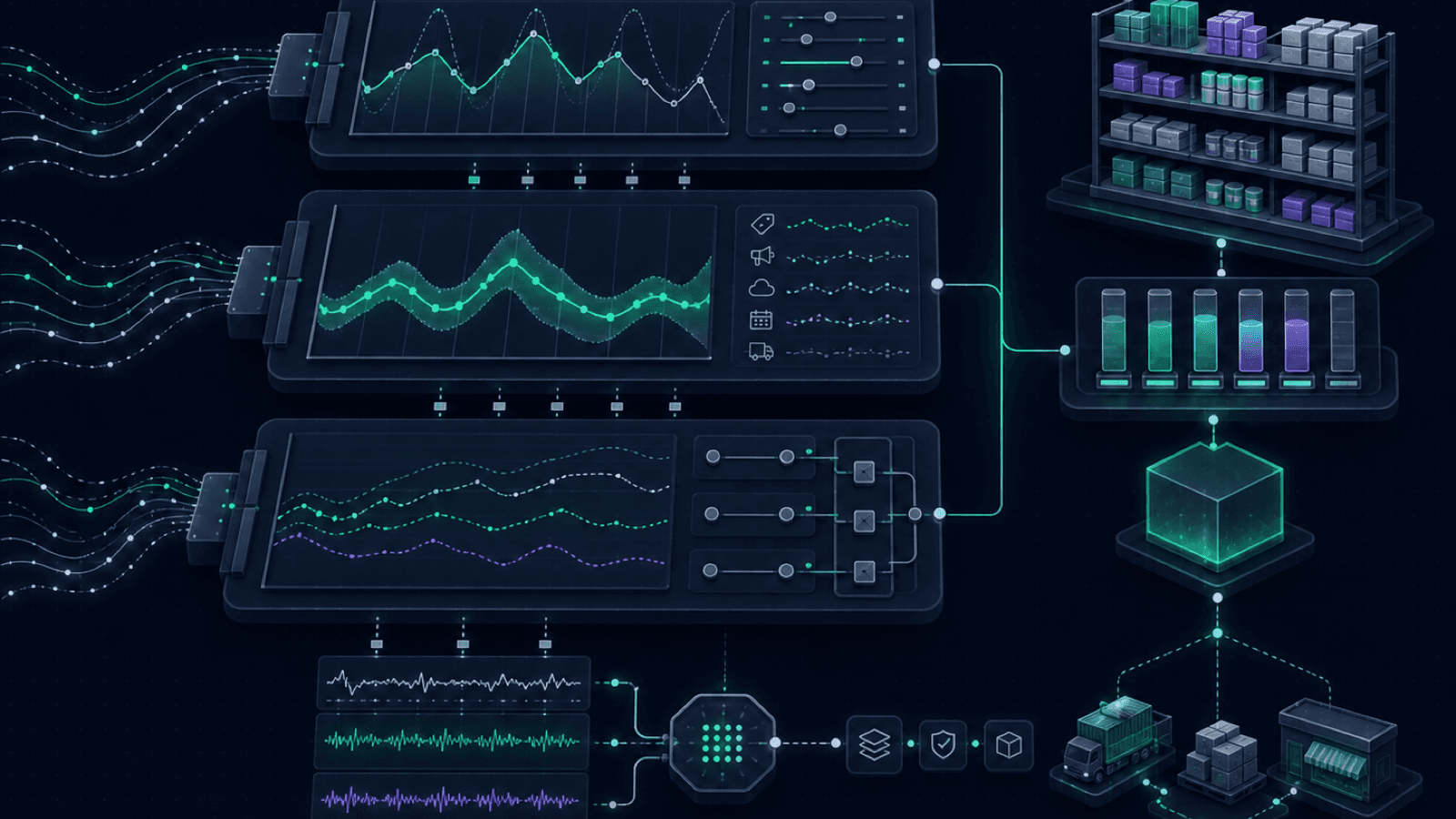 Three demand planning approaches compare AI demand signals, statistical forecast curves, and a planner's reviewed inventory decision