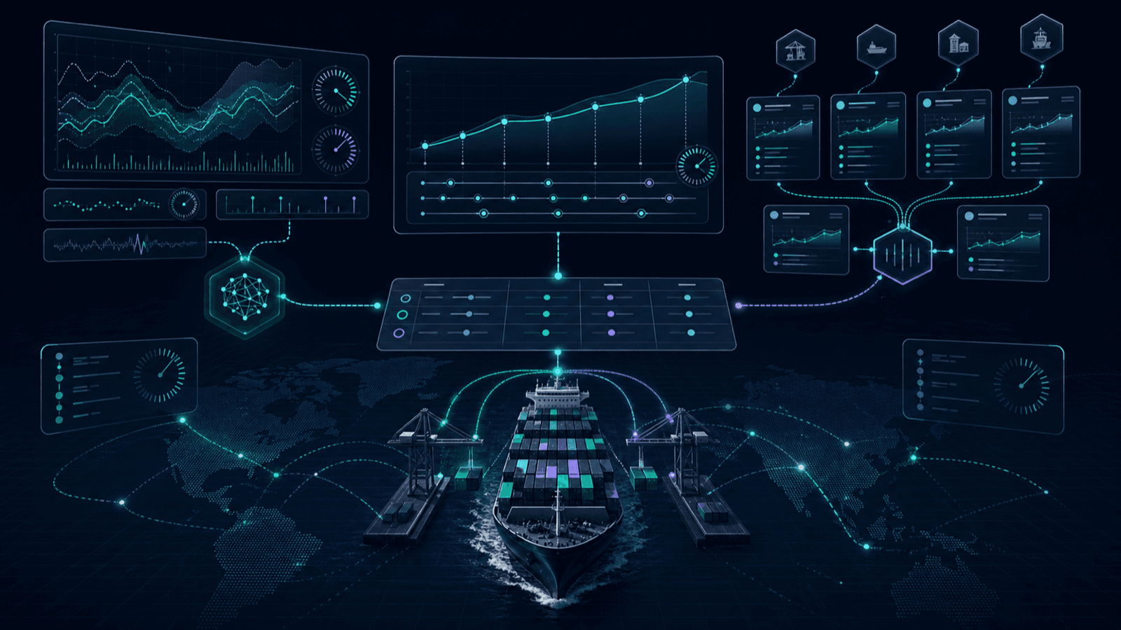 An ocean freight buyer comparing an AI forecast fan chart, an index-linked contract curve, and executable forwarder quote cards