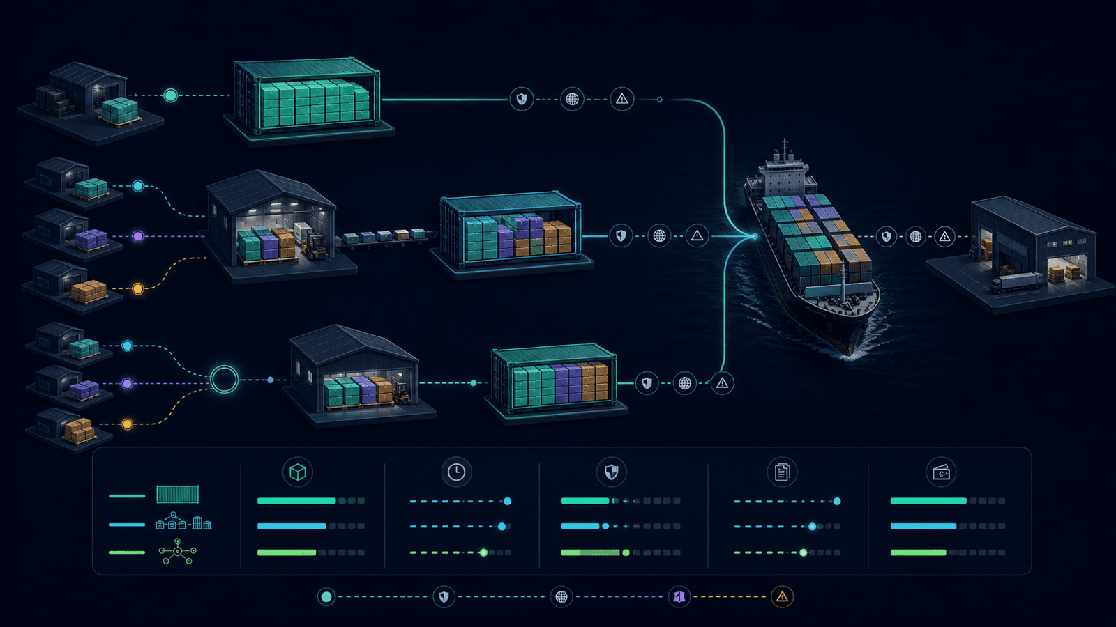 An SME logistics team comparing a full container, shared LCL pallets, and a multi-supplier buyer consolidation plan on a shipping control board