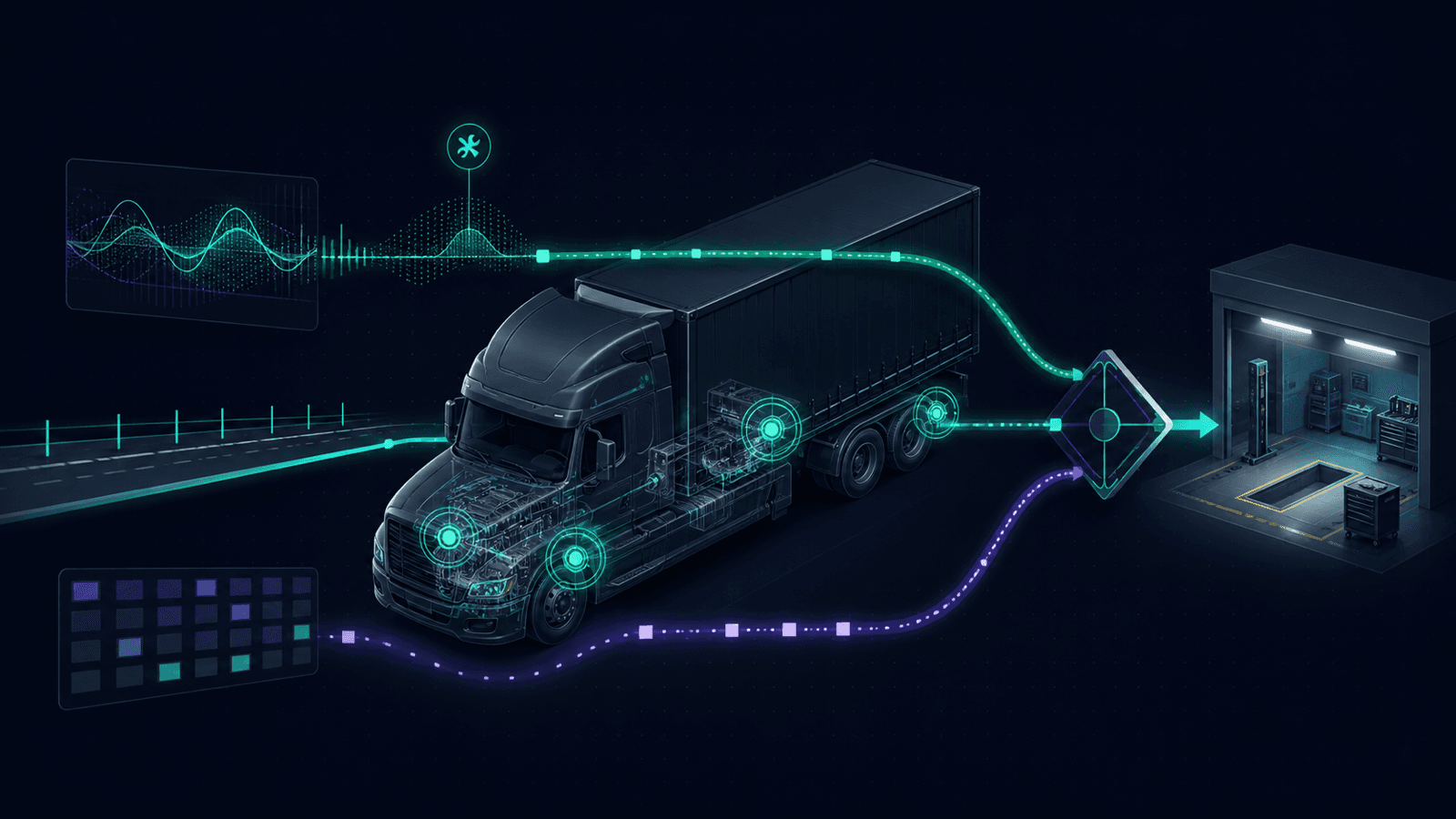 Heavy-truck maintenance leaders comparing an AI component-health forecast with mileage and calendar service schedules in a fleet operations center